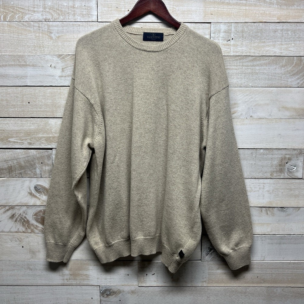 Valentino Jeans Virgin Wool Sweater Mens XXL Beige Crew Neck Long Sleeve Vintage
